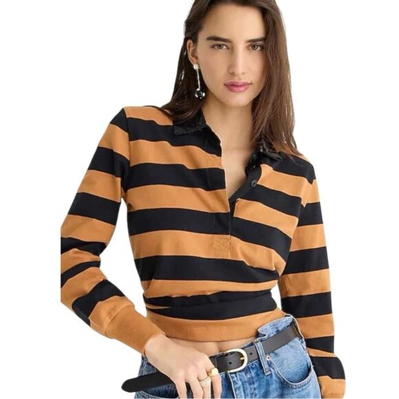 J. Crew Orange and Black Striped Sequin Rugby Shirt Polo Orange Black SZ Small - Picture 2 of 8